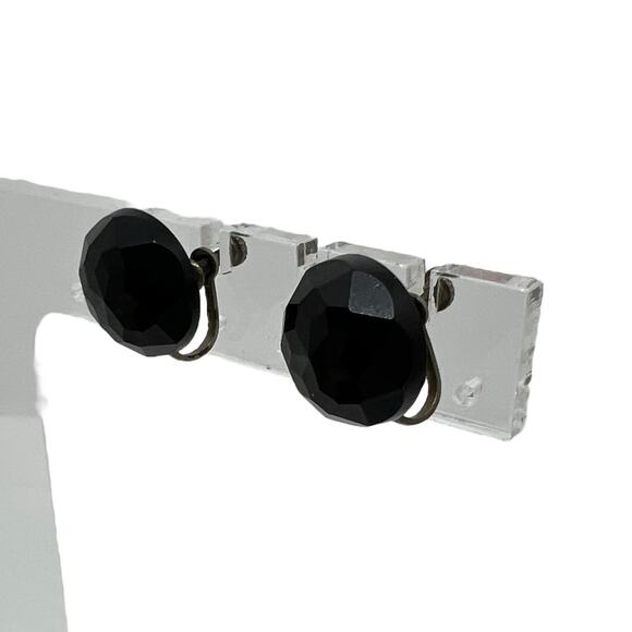 Vintage Black Faceted Glass Button Earrings Screw Back Silver Tone Mid Century - Picture 3 of 11